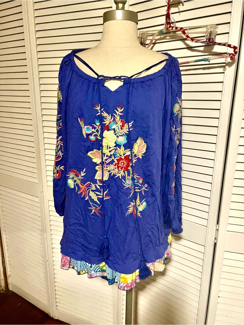 Blue Embroidered Peasant Blouse with Tassel Tie